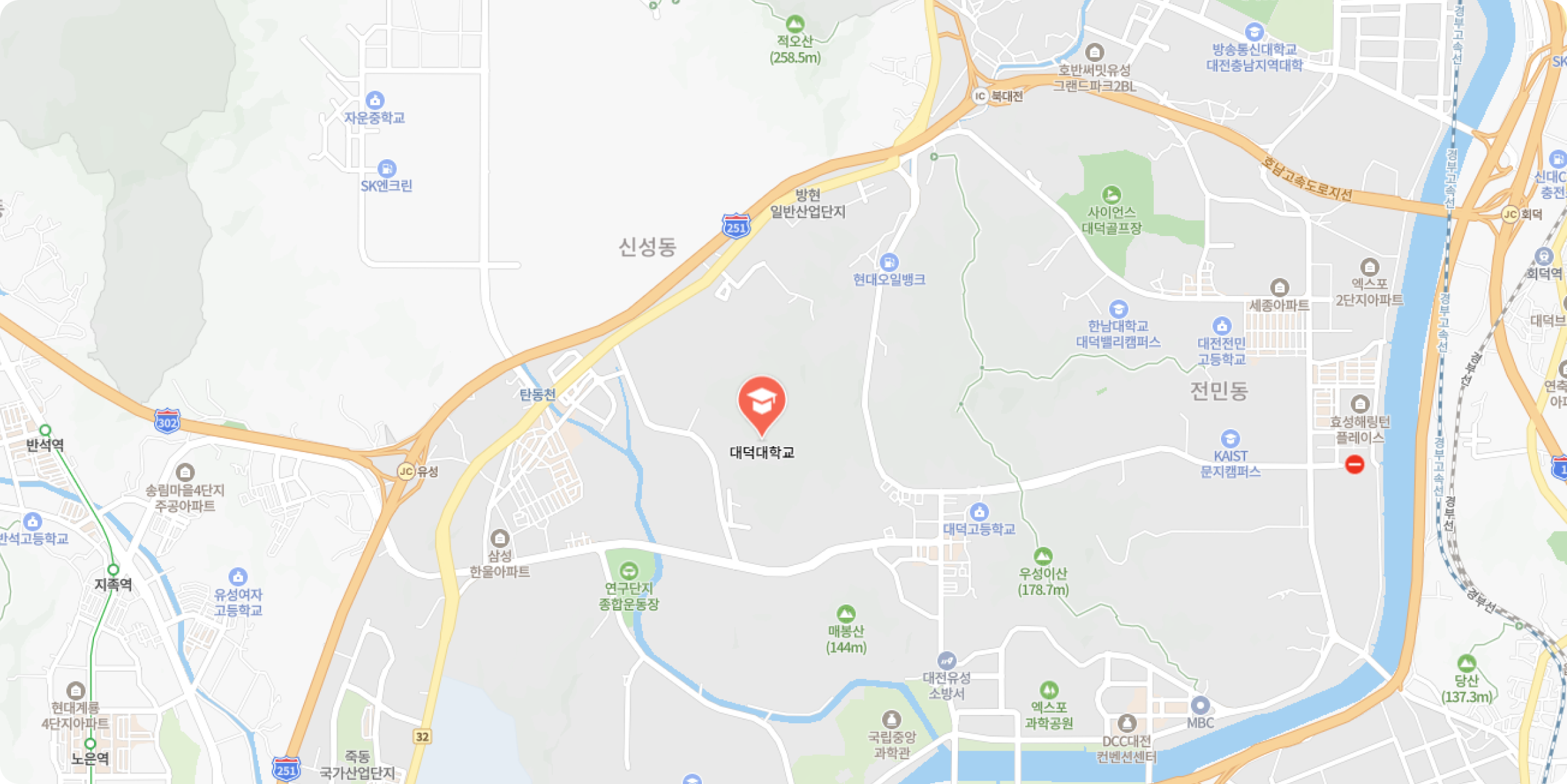 대덕대학교 (34111) 대전광역시 유성구 가정북로 68 대덕대학교(장동 48번지) 지도